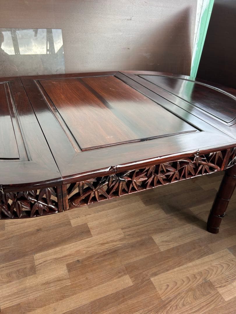 726 中国高級家具 伸長式ダイニングテーブル 無垢材 重厚　細工　彫刻　美品