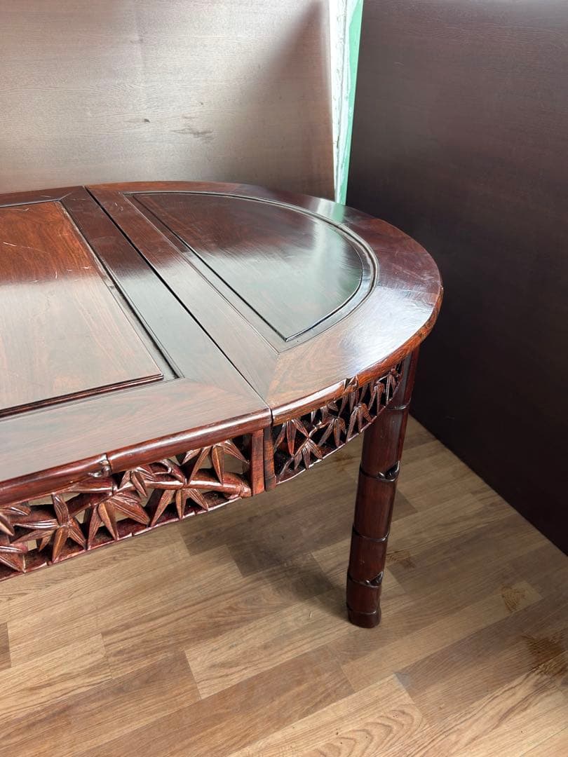 726 中国高級家具 伸長式ダイニングテーブル 無垢材 重厚　細工　彫刻　美品