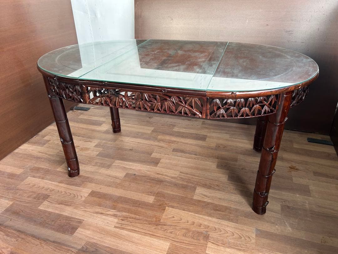 726 中国高級家具 伸長式ダイニングテーブル 無垢材 重厚　細工　彫刻　美品