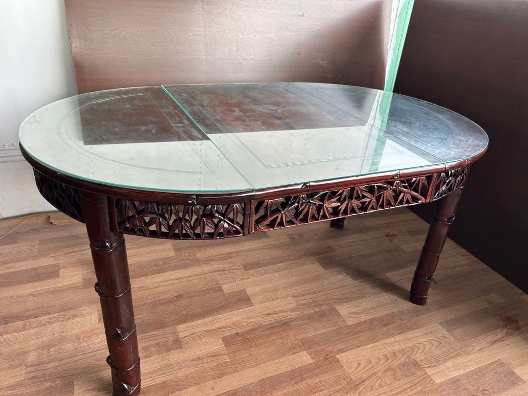 726 中国高級家具 伸長式ダイニングテーブル 無垢材 重厚　細工　彫刻　美品