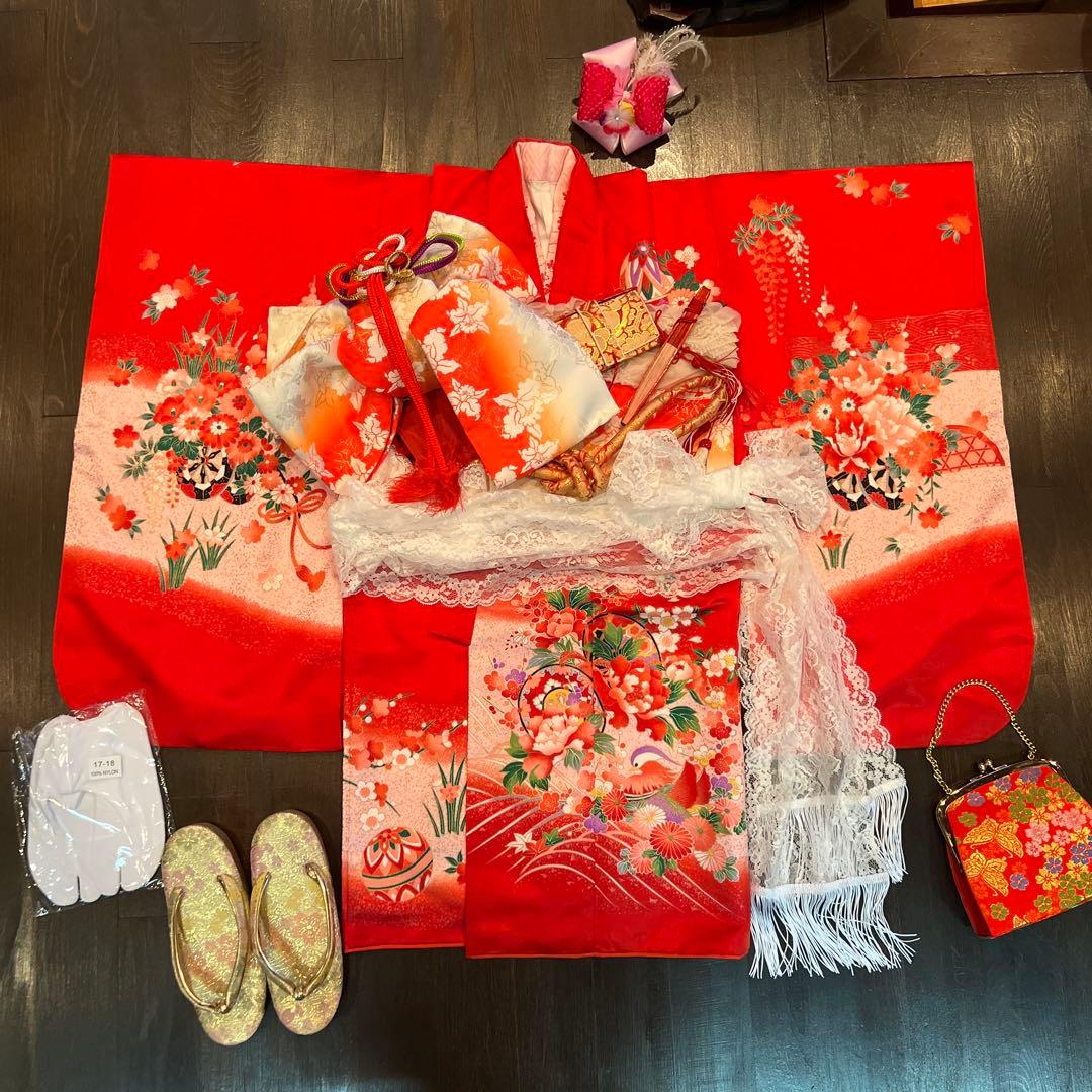 アンティーク 七五三 105cm前後 着物 作り帯 小物一式 フルセット 鼓 赤