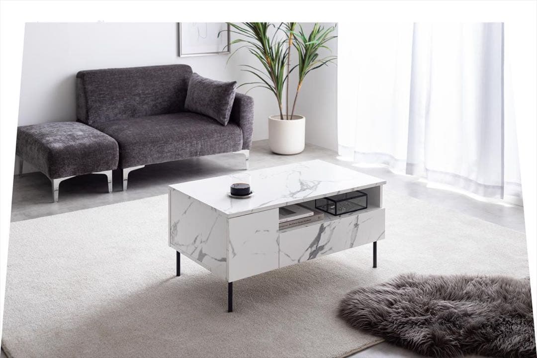 【幅80cm】大理石柄引き出し付きセンターテーブル　マーブルホワイト