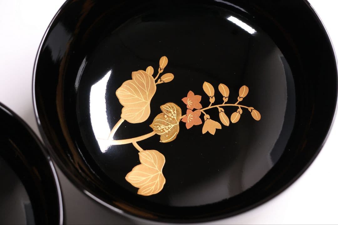 【CM397】天然木漆塗 菊桐鳳凰金蒔絵 黒塗 煮物椀 二客 昭和期 木製漆器