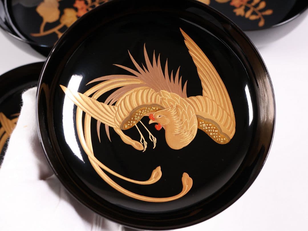 【CM397】天然木漆塗 菊桐鳳凰金蒔絵 黒塗 煮物椀 二客 昭和期 木製漆器