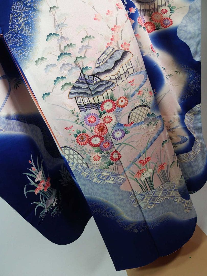 豪華3点セット友禅振袖／茶屋辻文様＊金駒刺繍＊古典風景文様／袋帯・長襦袢付き