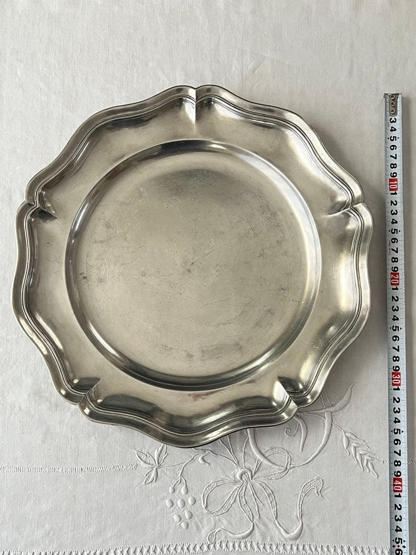 【美品】フランスアンティーク ピューター花リムプレート 37cm特大 2797