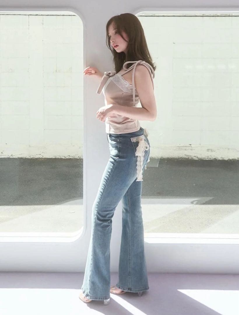 パンツ andmary Lacey ribbon denim