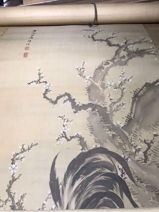 掛け軸、梅と鶏の掛け軸、雄雌の鶏と梅、桜、大きな掛け軸