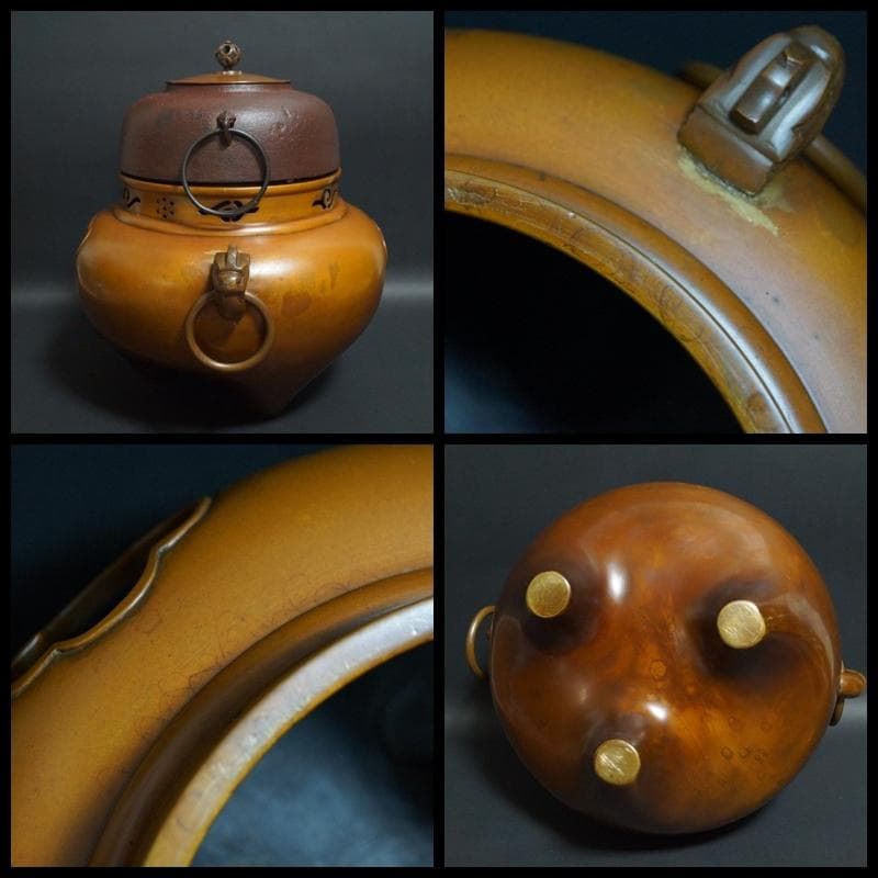 茶道具 大型朝鮮風炉 唐銅鬼面風炉 鉄釜 双龍耳 銅製蓋 総重さ7.9kｇ