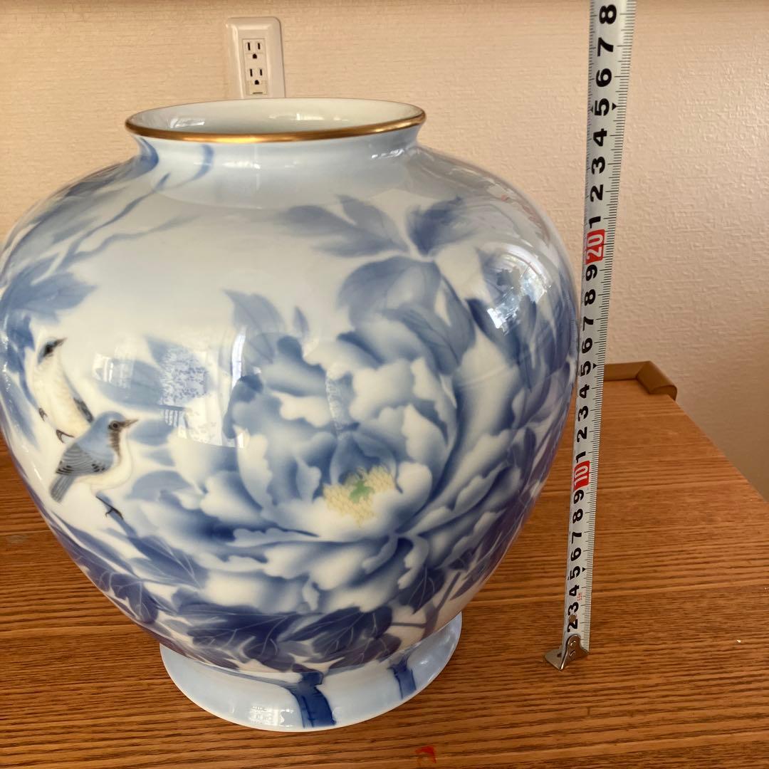 深川製磁　宮内庁御用達　官窯染付　花鳥絵　牡丹カワセミ　花瓶1個　高さ約25.5