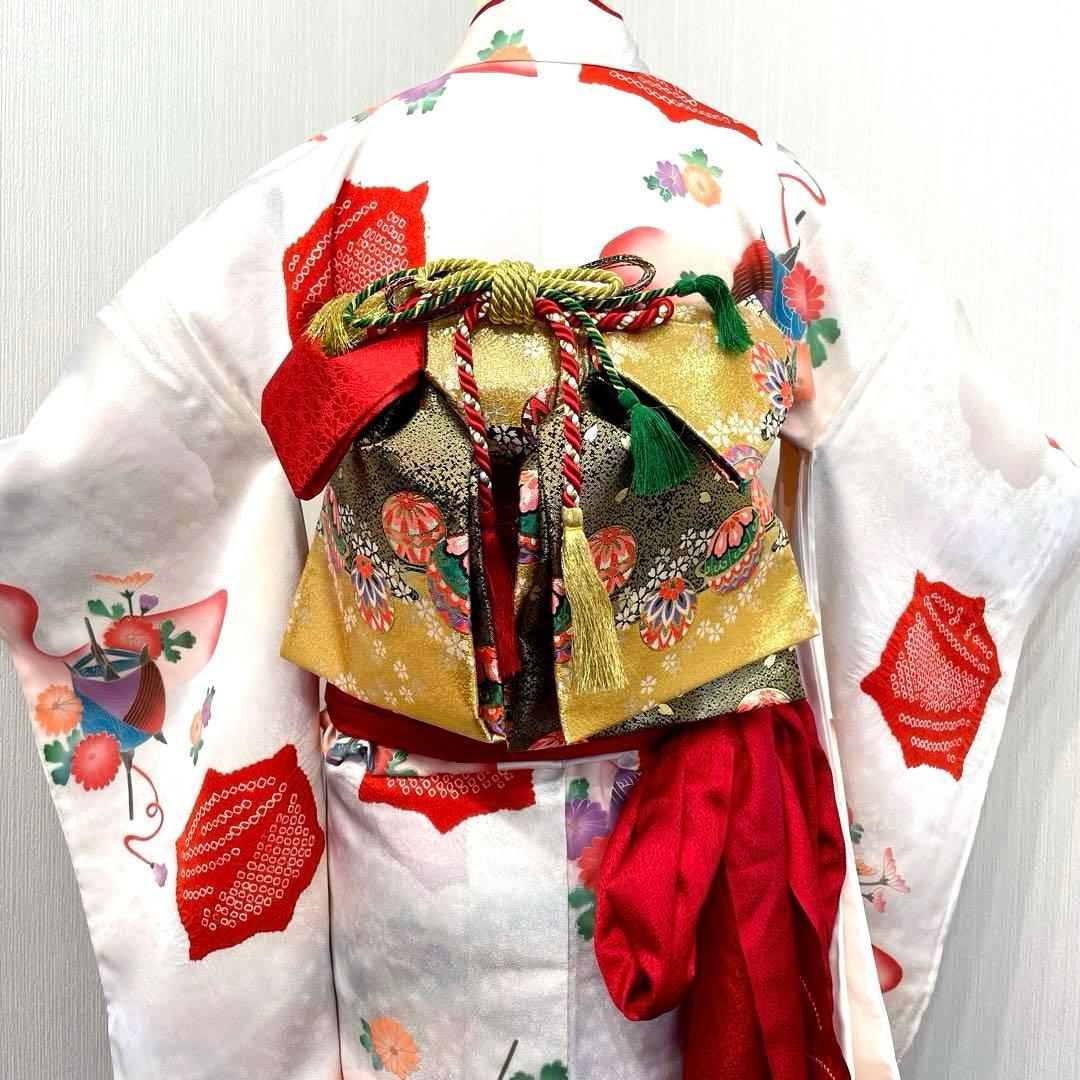 七五三 女の子 七歳用　正絹　部分絞り　古典柄　振袖　フルセット