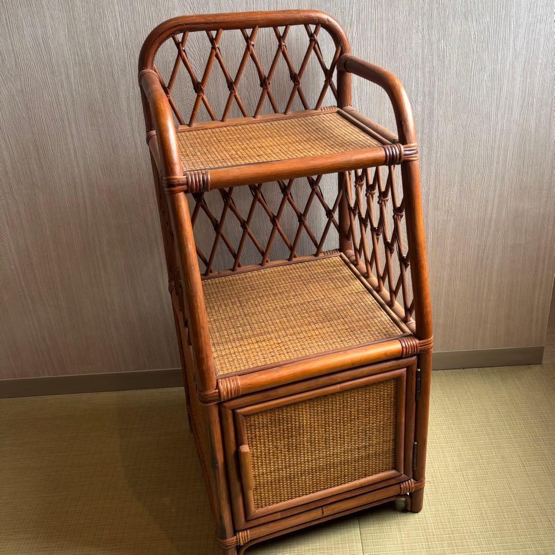 Ky80　昭和レトロ　ラタン　電話台　籐家具　ラタンラック　扉付き収納
