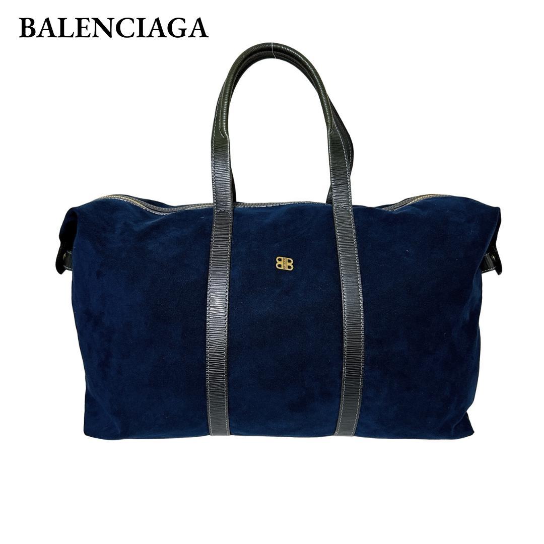 バレンシアガ ボストンバッグ 旅行鞄 ロゴ スエード レザー ゴールド ネイビー
