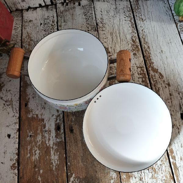 ヴィンテージ 未使用 エジリー 華やか フラワー 花柄 ホーロー両手鍋