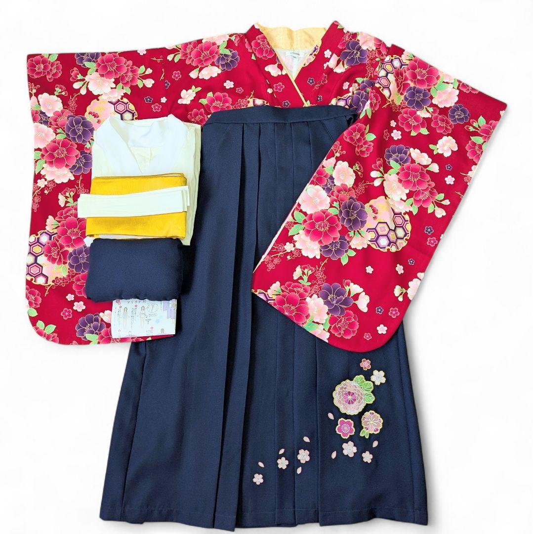 arisana 袴セット 卒業式 小学生 160 赤着物×紺袴 簡単着付け