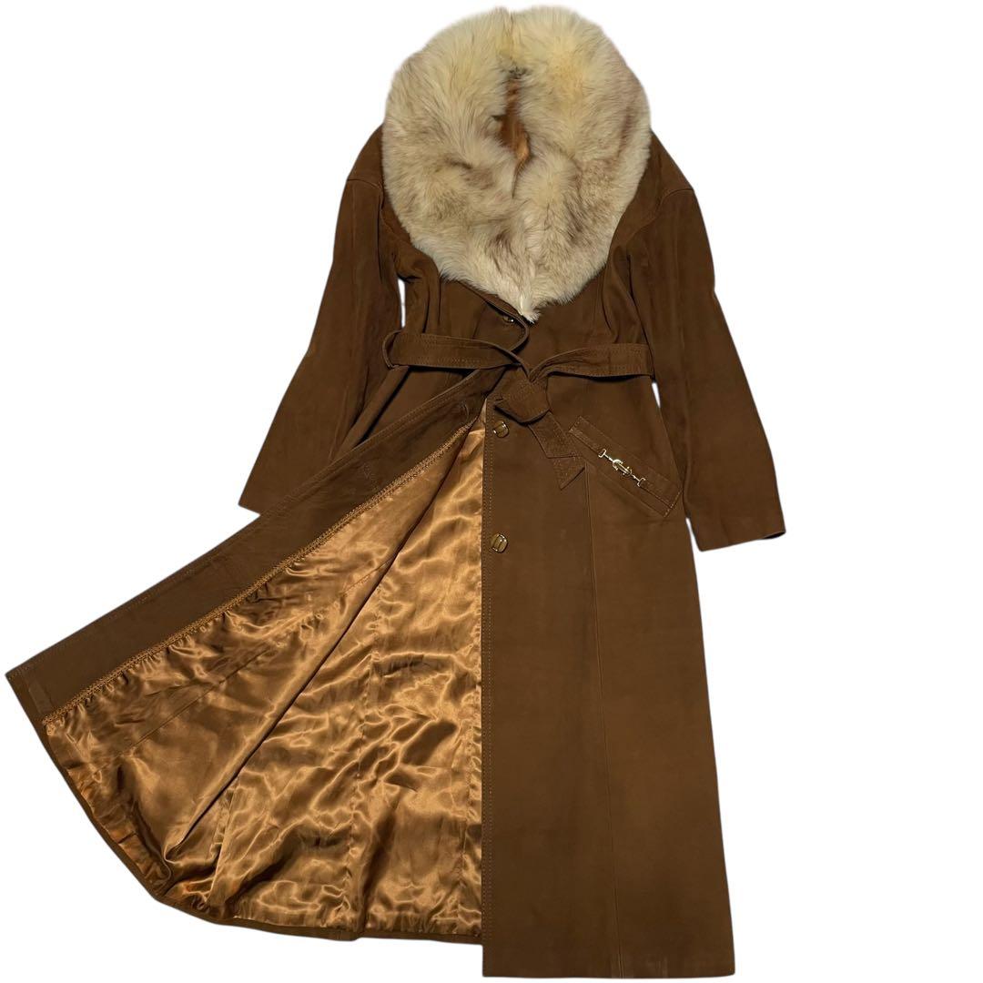 【フランス製×子牛革】スエード マキシ丈カーフスキンレザーコート ブラウン XL