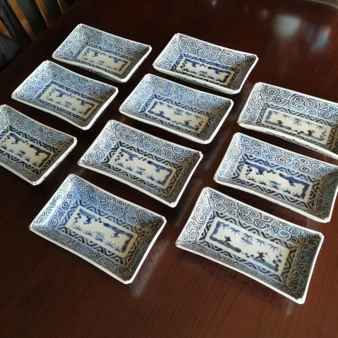 古伊万里　大明成化年製　染付蛸唐草長皿　10枚　19.5cm　江戸後期