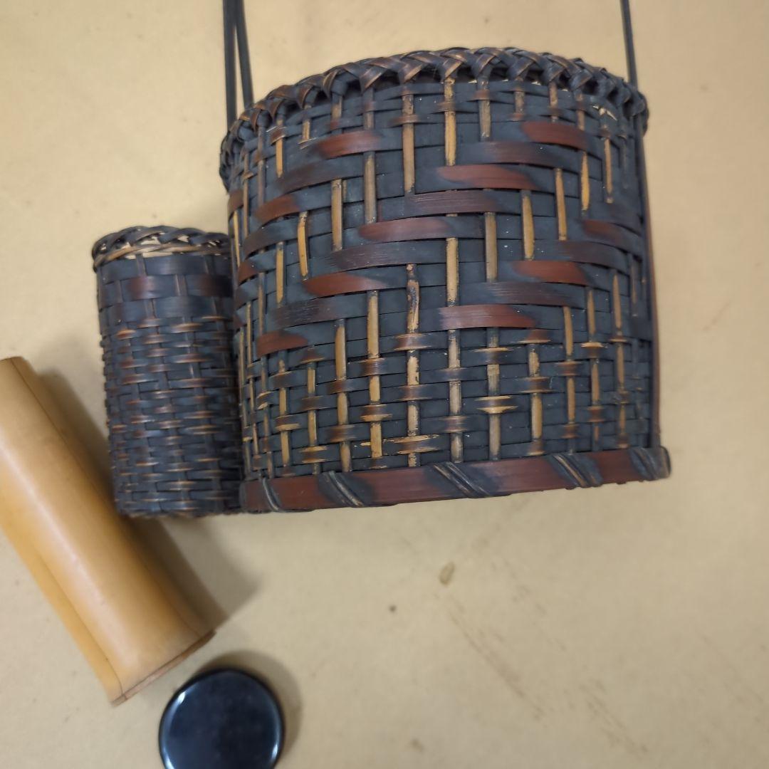 骨董　煙草盆　珍品　編み籠　内側陶器　花入　鉢カバー　手提げ　莨盆