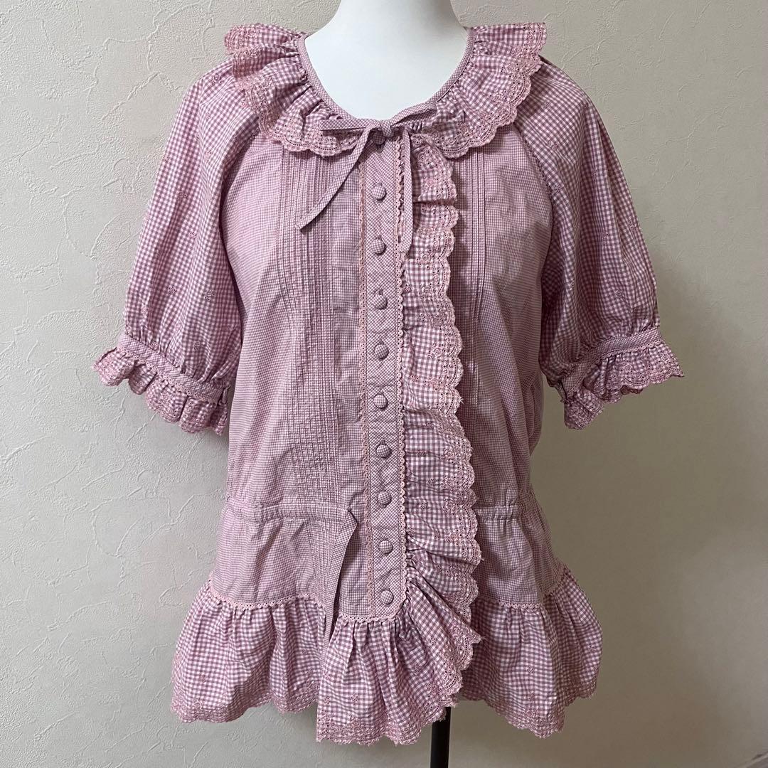 PINK HOUSE ピンクハウス ギンガムチェック 襟 フリル ブラウス