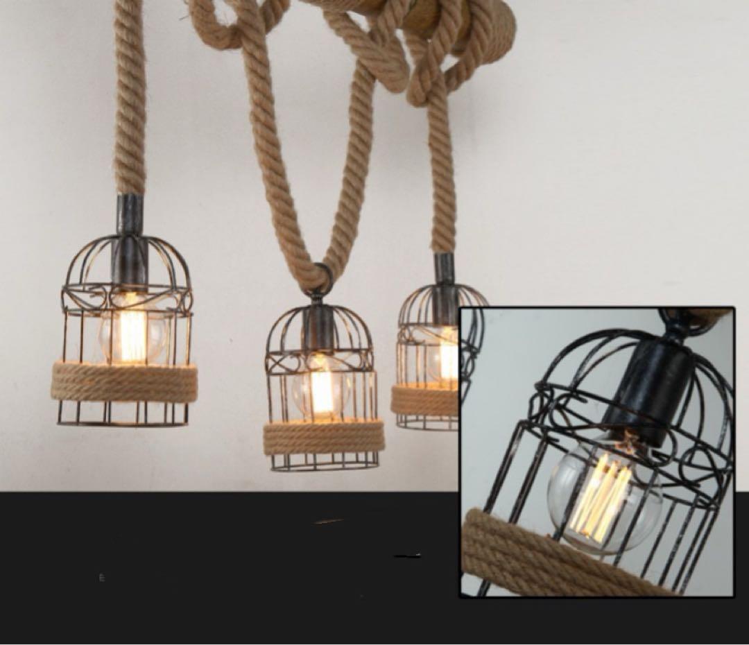 K*）様 LED電球付き ヴィンテージ風 3灯シャンデリア 木材・金属・ロープ製