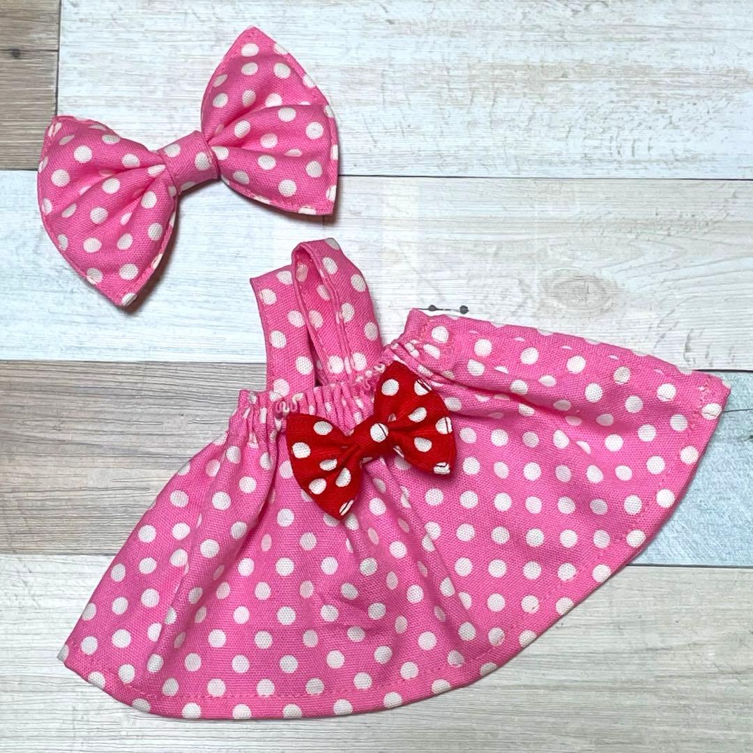 ハンドメイド★ピンク♡ドットワンピース&リボン★シェリーメぬいぐるみポーチ用