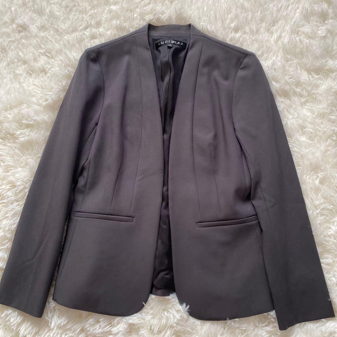 インディヴィ　ノーカラージャケット　セットアップ　グレー　パンツスーツ