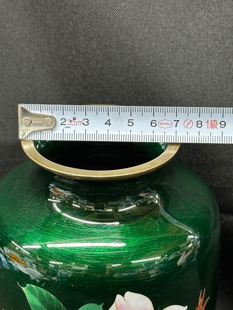 【USED】安藤　七宝　七宝焼　花瓶　壺　花　花柄　緑　グリーン