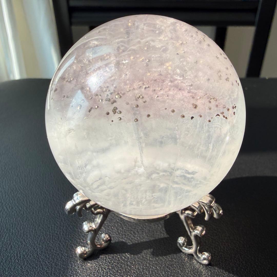 【masa様確認専用】天然石パイライト共生フローライトスフィアNO.021114