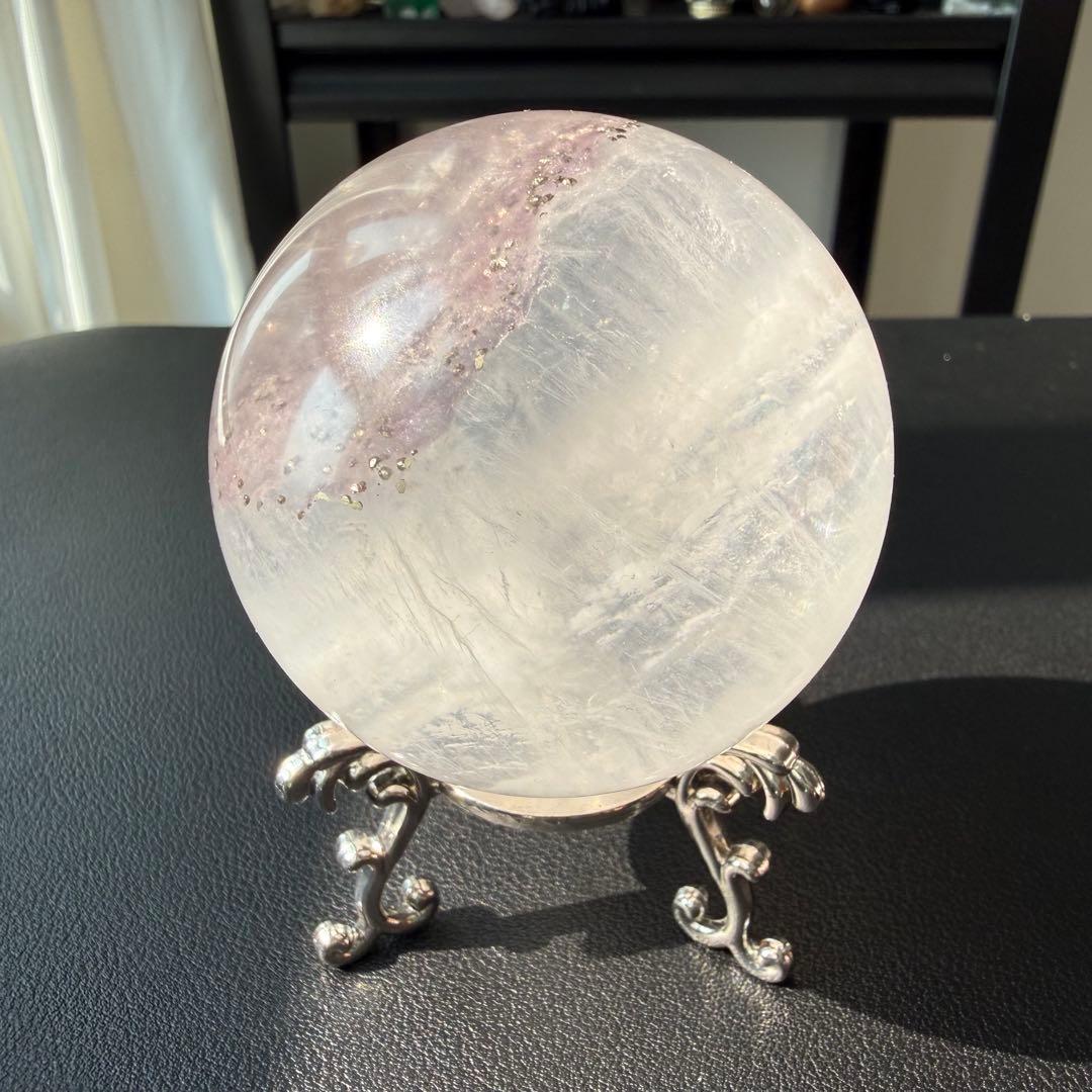 【masa様確認専用】天然石パイライト共生フローライトスフィアNO.021114