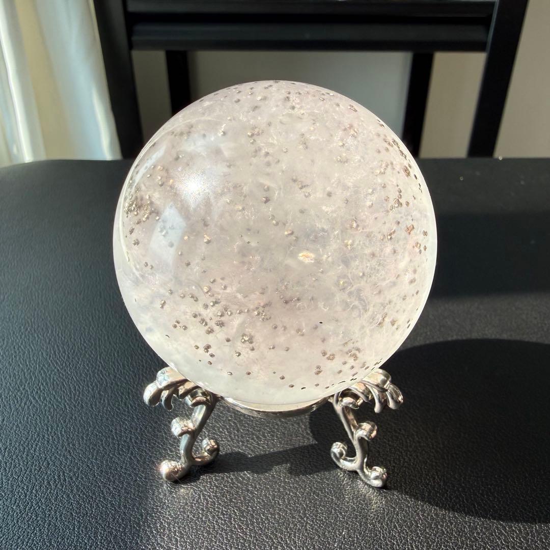 【masa様確認専用】天然石パイライト共生フローライトスフィアNO.021114