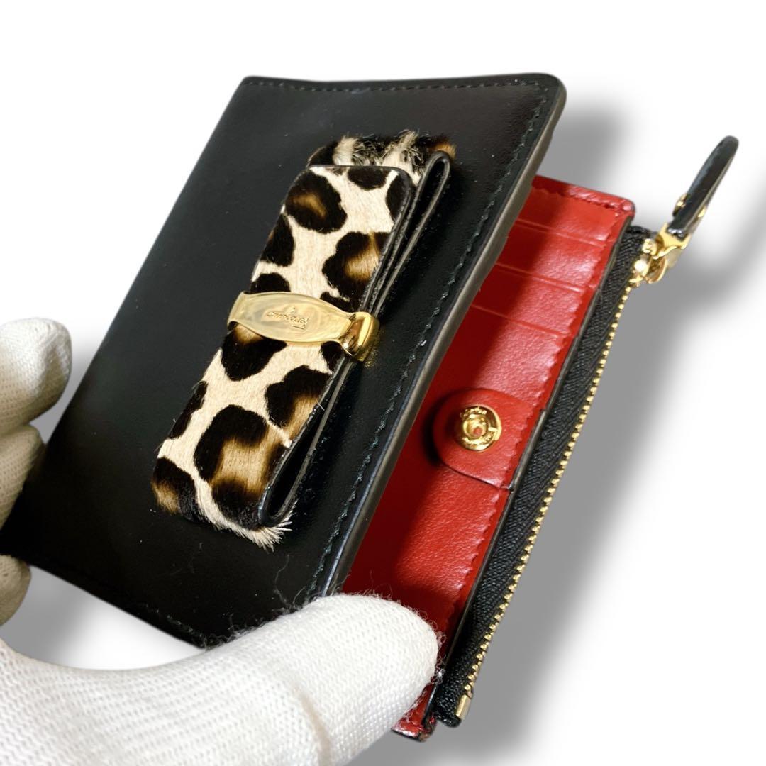 サルバトーレフェラガモ 良品 イタリア製ハラコヴァラリボン 2つ折り財布ブラック