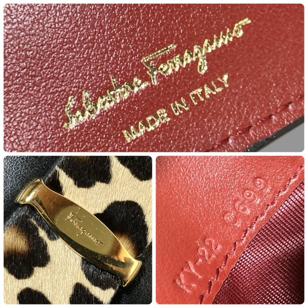 サルバトーレフェラガモ 良品 イタリア製ハラコヴァラリボン 2つ折り財布ブラック