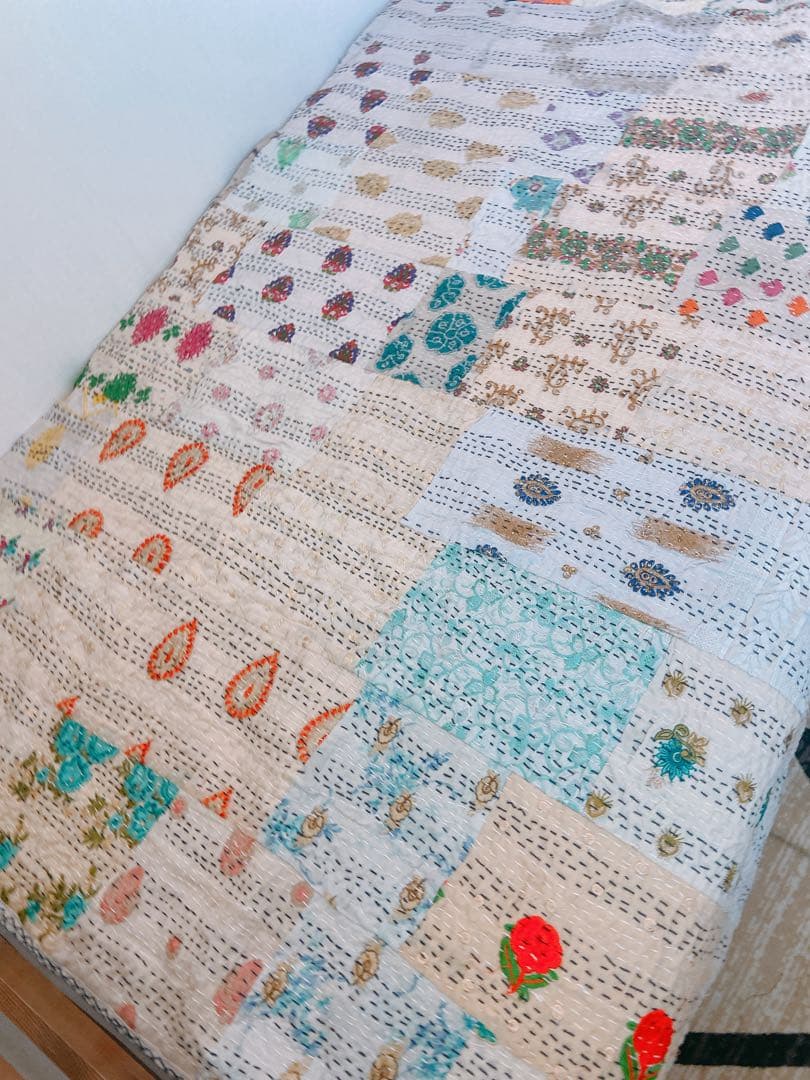 インド　カンバディアキルト　ダブルサイズ　キングサイズ　アイボリー