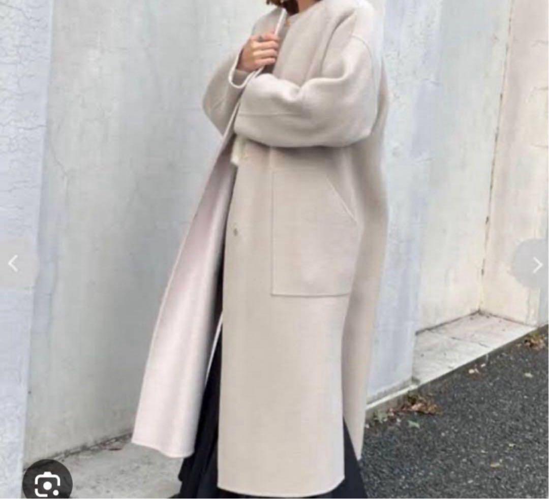 フレイアイディー　ウールカシミアバイカラーリバーコート　ベージュ　ピンク