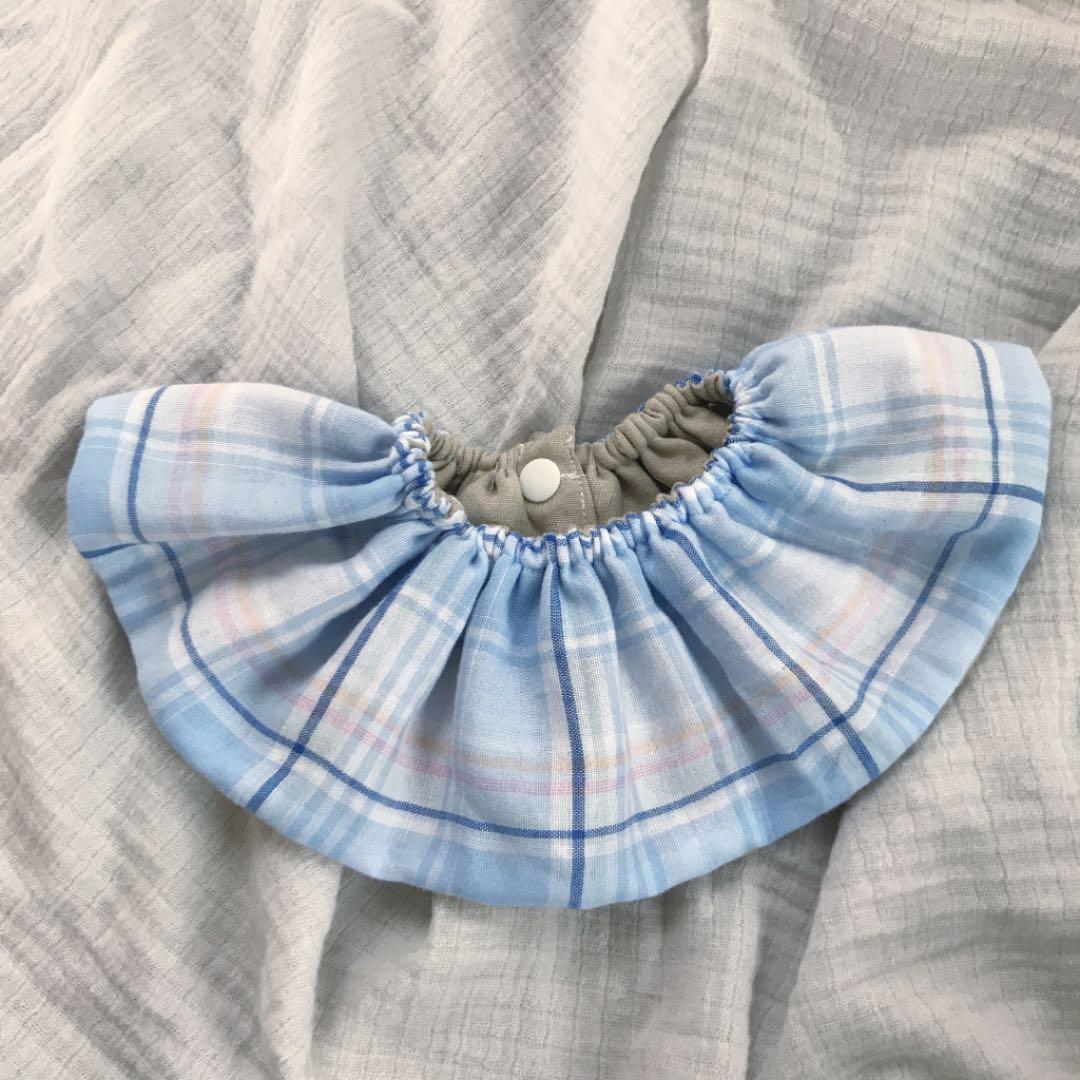 再販★水色チェック×セサミ★  ハンドメイド　リバーシブル　スタイ