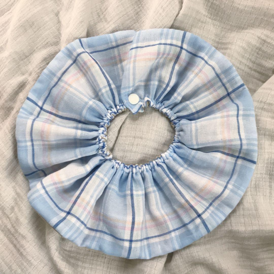 再販★水色チェック×セサミ★  ハンドメイド　リバーシブル　スタイ