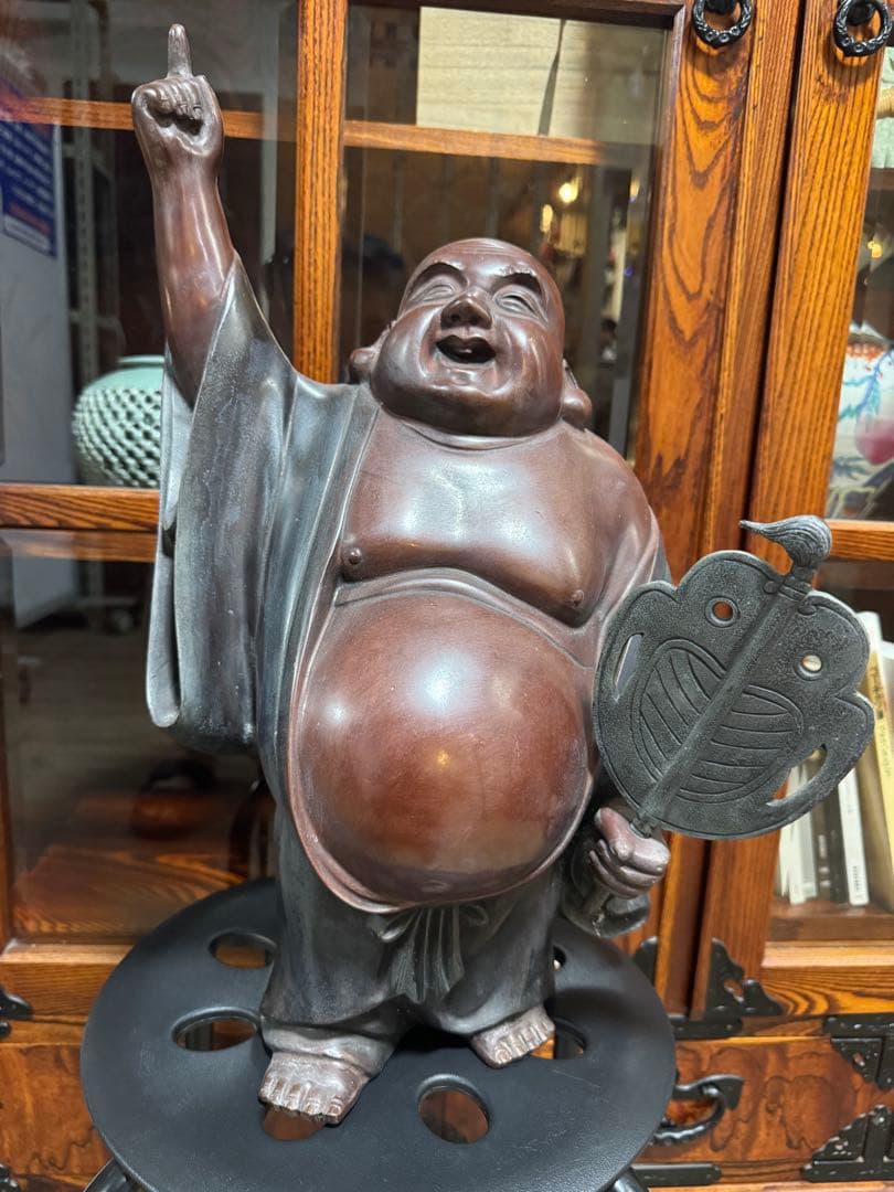 【昭和レトロ・布袋様像】重厚・木彫／銅製 縁起物 約9.5kg