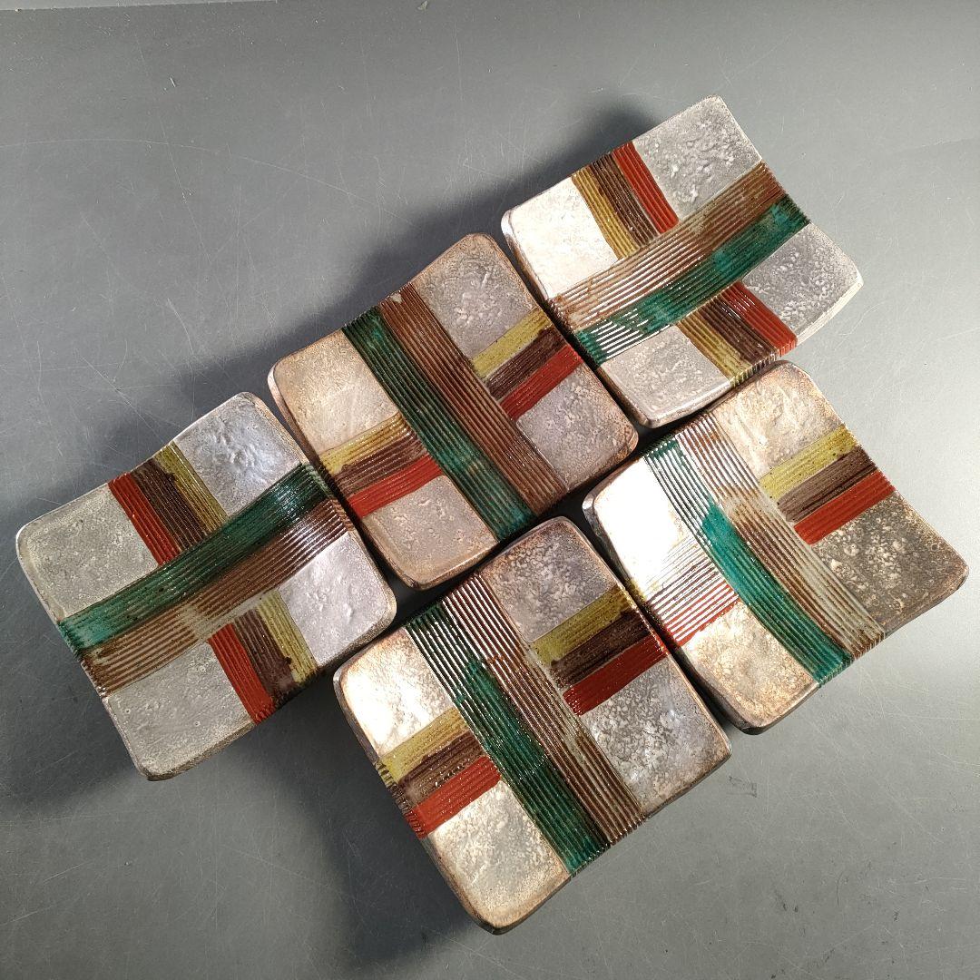 A1366-1/北大路魯山人写/祥山窯/美食道楽 色絵銀彩糸巻文四方皿5客/共箱