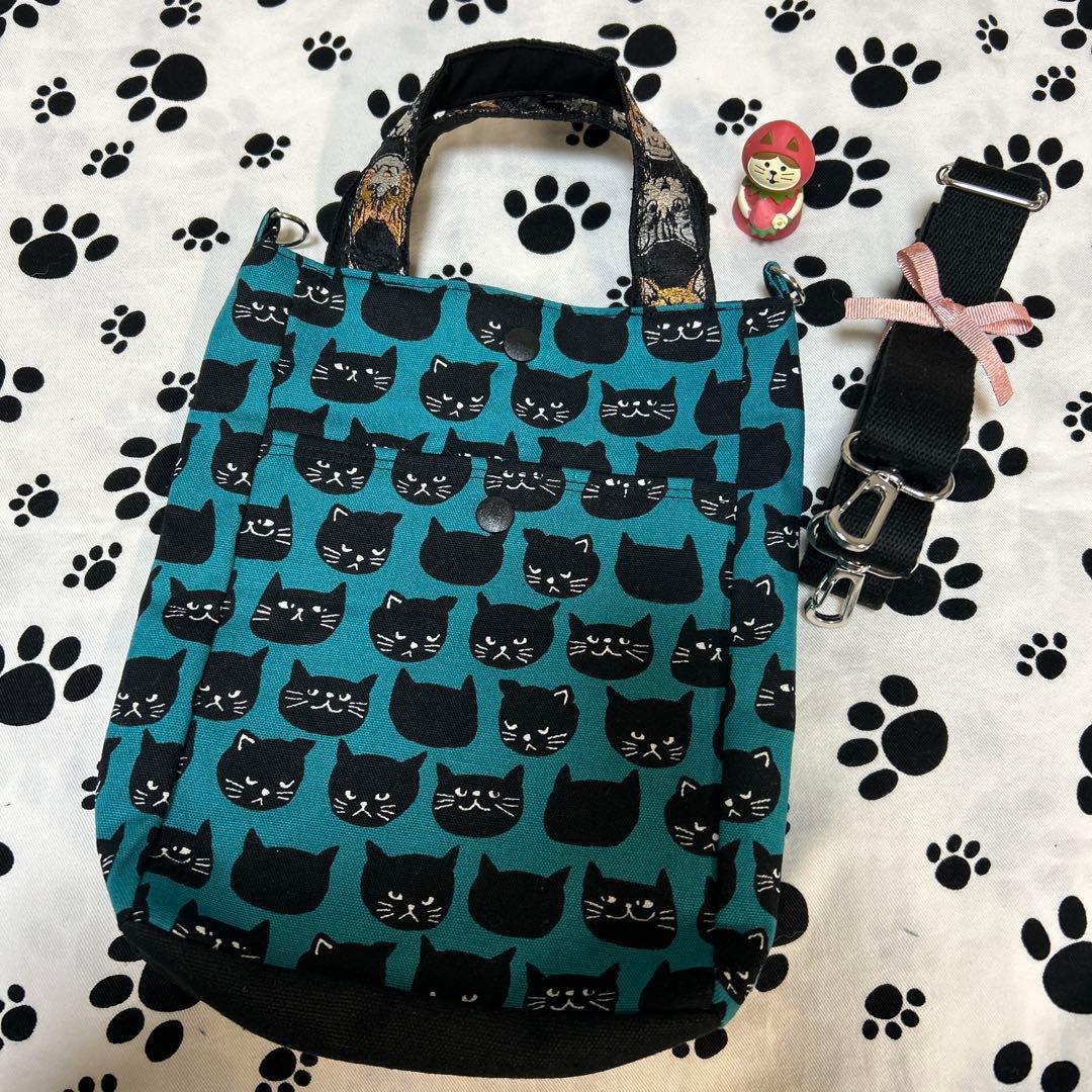 ハンドメイド黒猫プリントのスクエアトートバッグ
