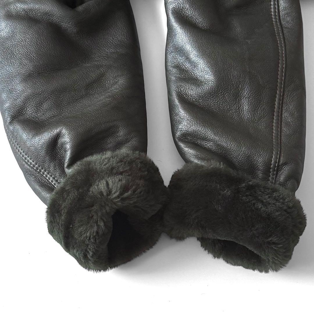 【フランス製】レザージャケット ムートン切替 コンビ ロールアップ グリーン系