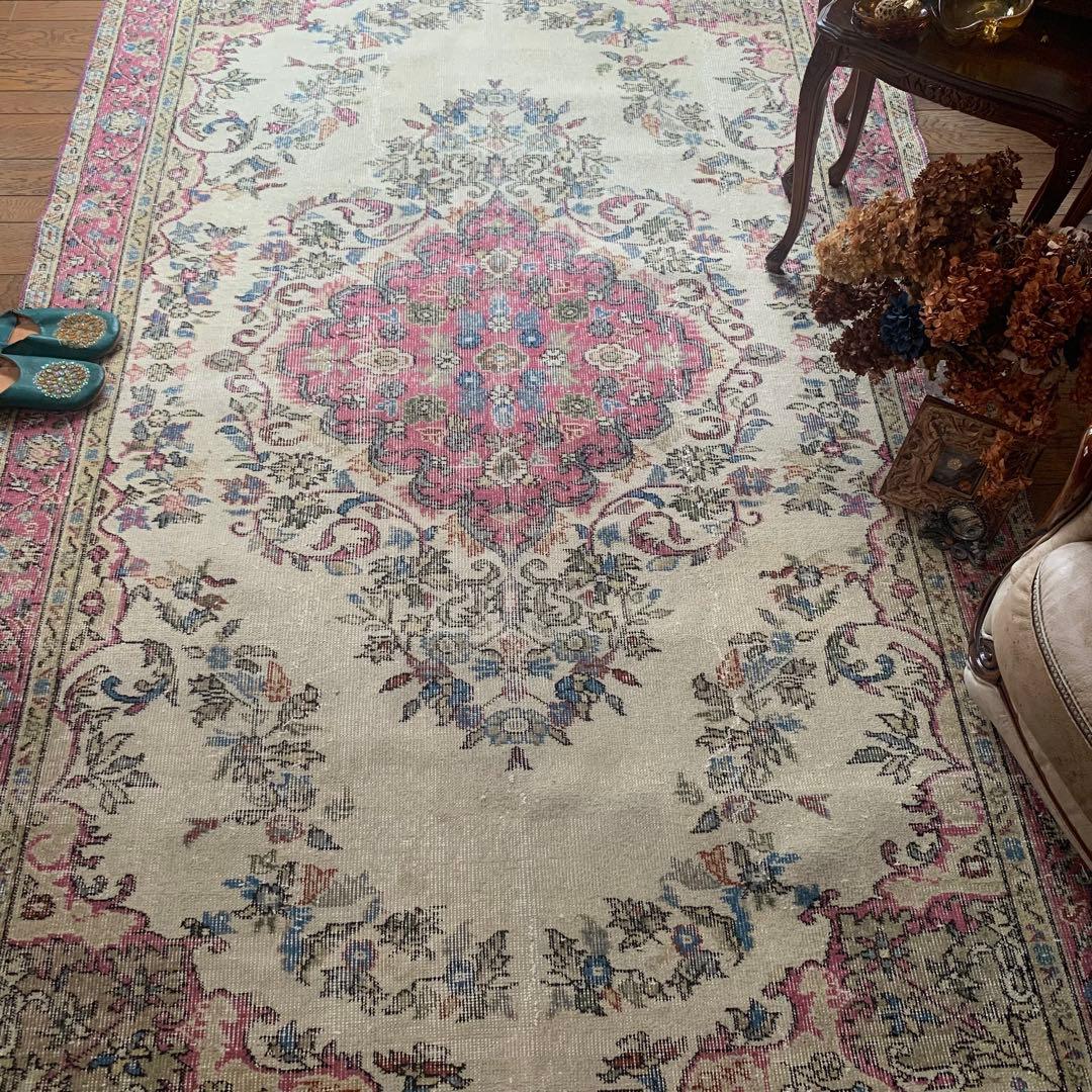 超超大判　特大　275×164 トルコヴィンテージラグ　ピンク　メダリオン