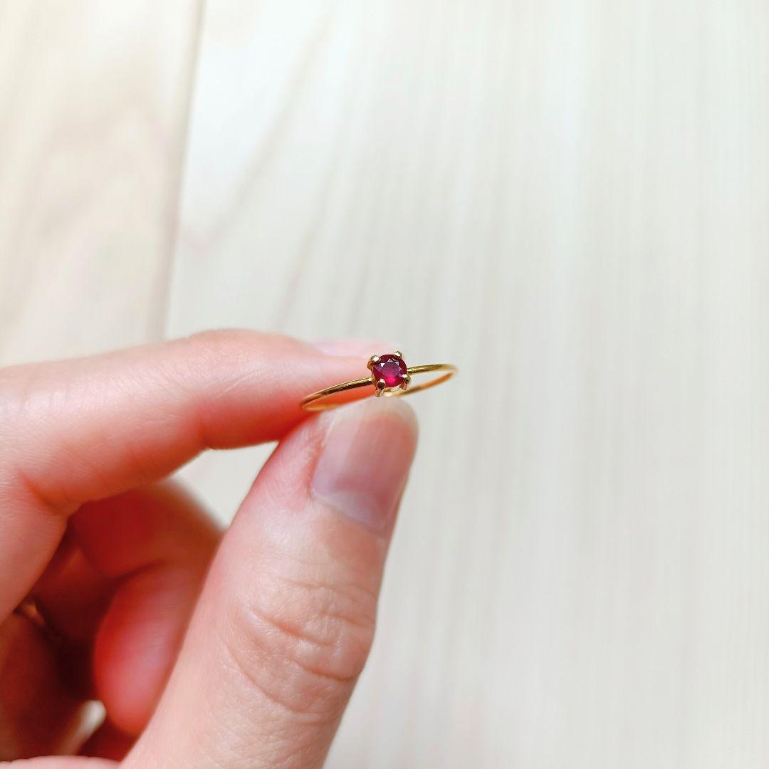 K18ゴールド ルビー 3mmラウンドカット 爪留めリング 7号