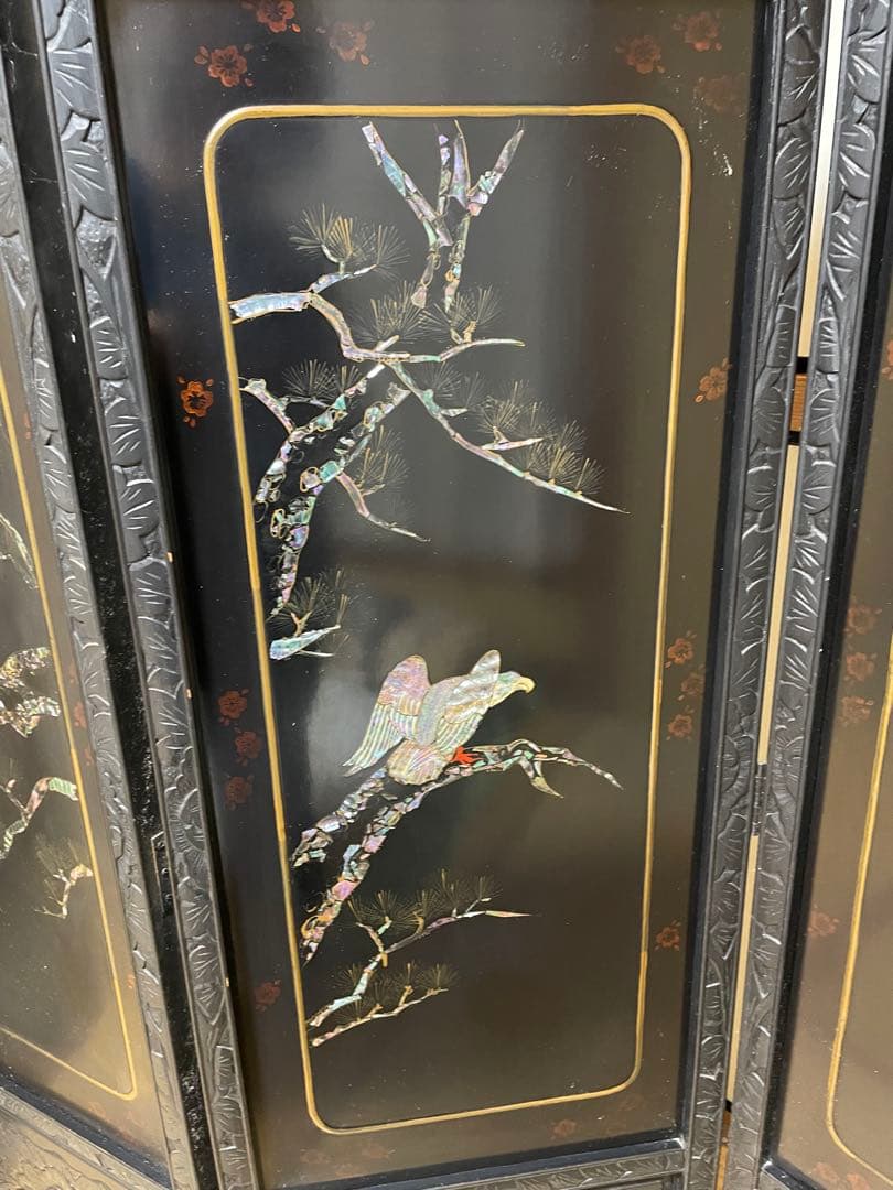 螺鈿細工 四曲屏風 大型 木製 アンティーク 和家具 インテリア