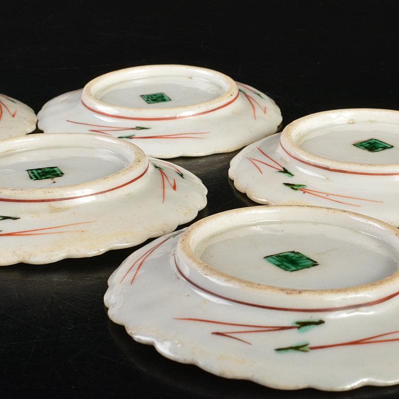 九谷焼　古九谷　角福銘　色絵花鳥文　輪花皿　手塩皿　小皿　五客　V　R7321