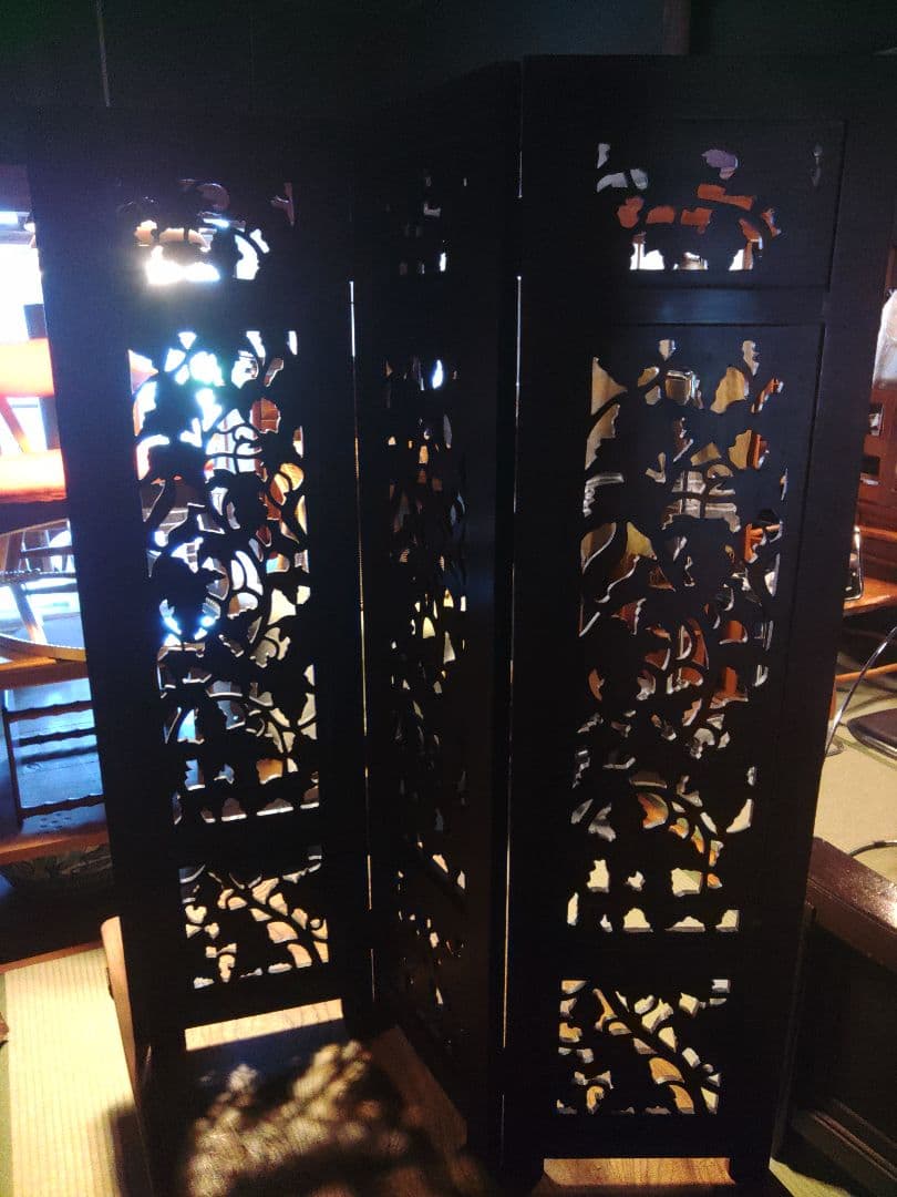 希少　パーテーション　透かし彫り　衝立　無垢　間仕切り　4連　ヴィンテージ