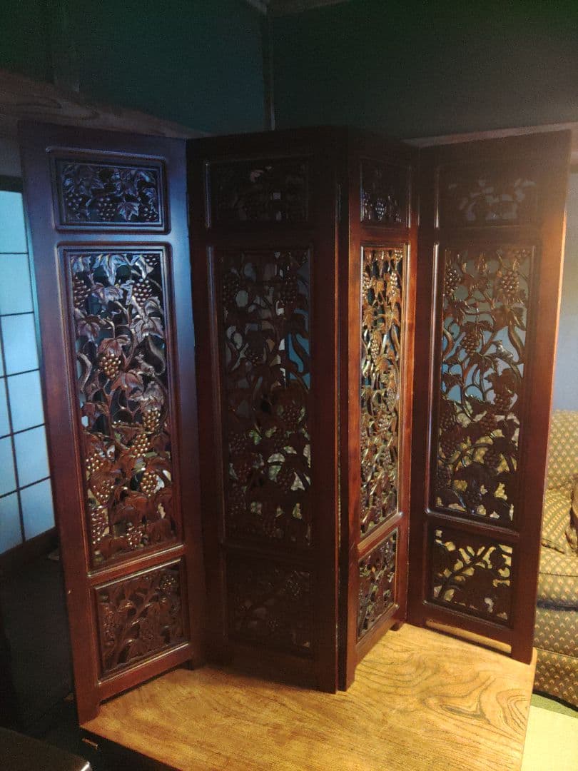 希少　パーテーション　透かし彫り　衝立　無垢　間仕切り　4連　ヴィンテージ