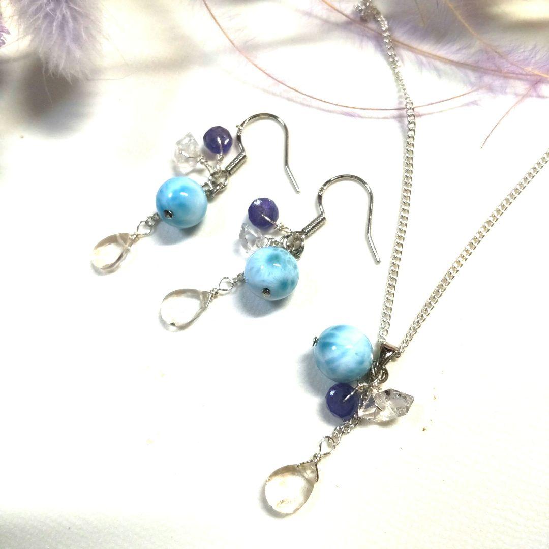 高品質ラリマー、宝石質ホワイトトパーズ、タンザナイト ピアス ネックレスセット