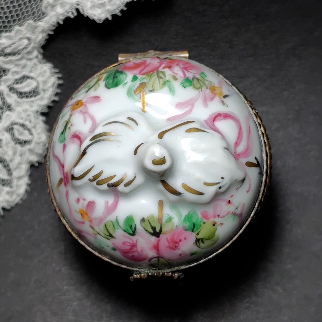 リモージュボックス　トリンケットボックス　フランス製　バラ　リボン