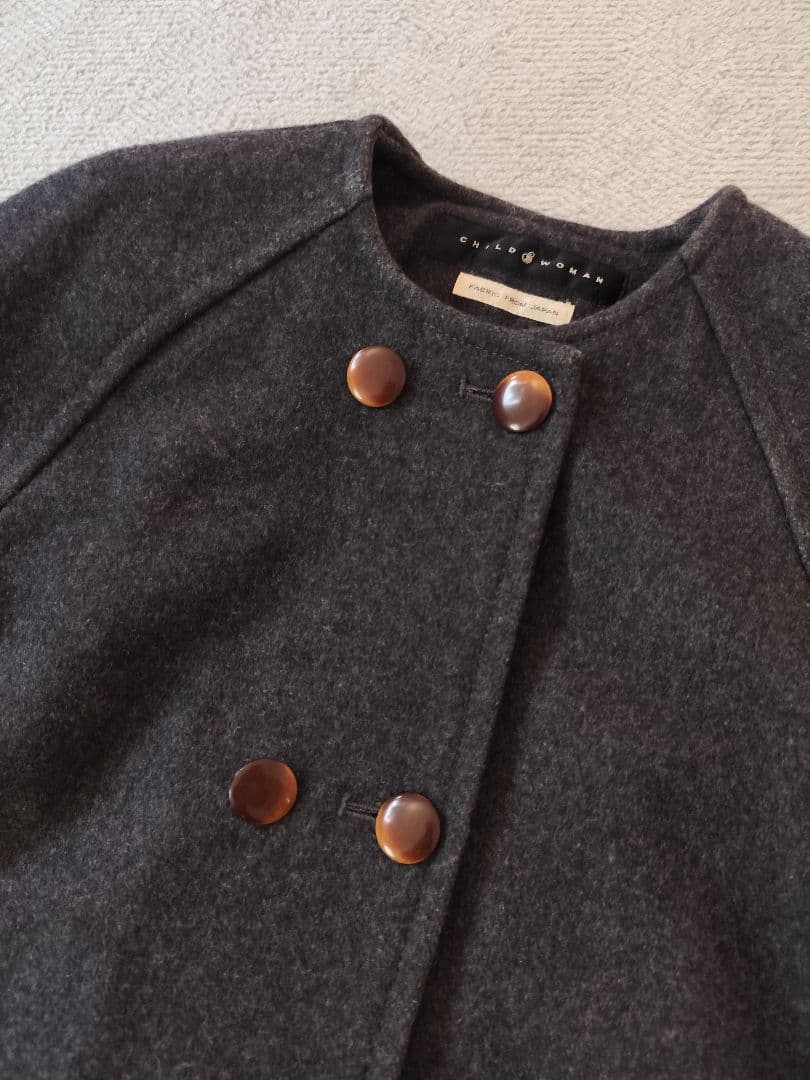 CHILD WOMAN メルトン ノーカラー ダブル ボタン ロング コート