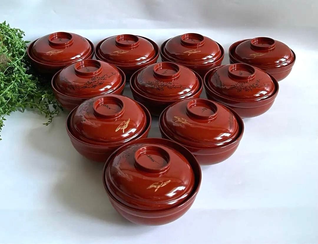 輪島塗　時代物 木製 梅鳥図　鈴形 布着 蓋付　朱色 煮物椀 吸物椀 10客